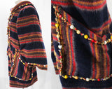 Large Boho Peasant Coat with Hood - Russian Style Navy Blue & Red Wool Huge Sleeves - Wooden Beads - Haute Designer Dan DeSantis - Bust 54