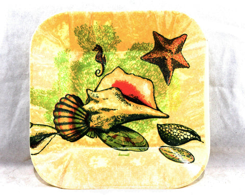 Seahorse Coral Starfish Seashells Tray - Beach Cottage 1960s 70s Sea Shell Novelty Print Decorator Dish - Molded Green Burnt Orange Plastic