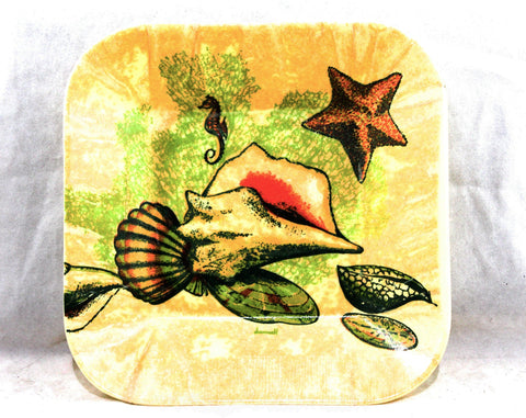 Seahorse Coral Starfish Seashells Tray - Beach Cottage 1960s 70s Sea Shell Novelty Print Decorator Dish - Molded Green Burnt Orange Plastic
