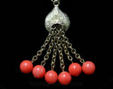 Faux Coral Lariat Style Necklace - Pretty 1960s Summer Resort Jewelry - Orange Plastic Beads - Metal Chain Tassel - 60s Jewelry - 44293