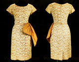 Size 8 Short Sleeve 50s Lace Dress - Elegant 1950s Mid Century Fitted Cocktail - Beige Floral & Toffee Brown Silk Organza Swag - Waist 27