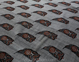 Indian Sari Fabric - 1950s 60s Paisley Block Print Cotton - Gray Terracotta Orange Black - Metallic Gold Border - Knotted Fringe - Yardage