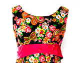 Size 6 Paisley Butterfly Maxi Dress - Bohemian 70s Sleeveless Ankle Length Gown - Black Green Pink Orange Psychedelic with Velvet - Bust 35