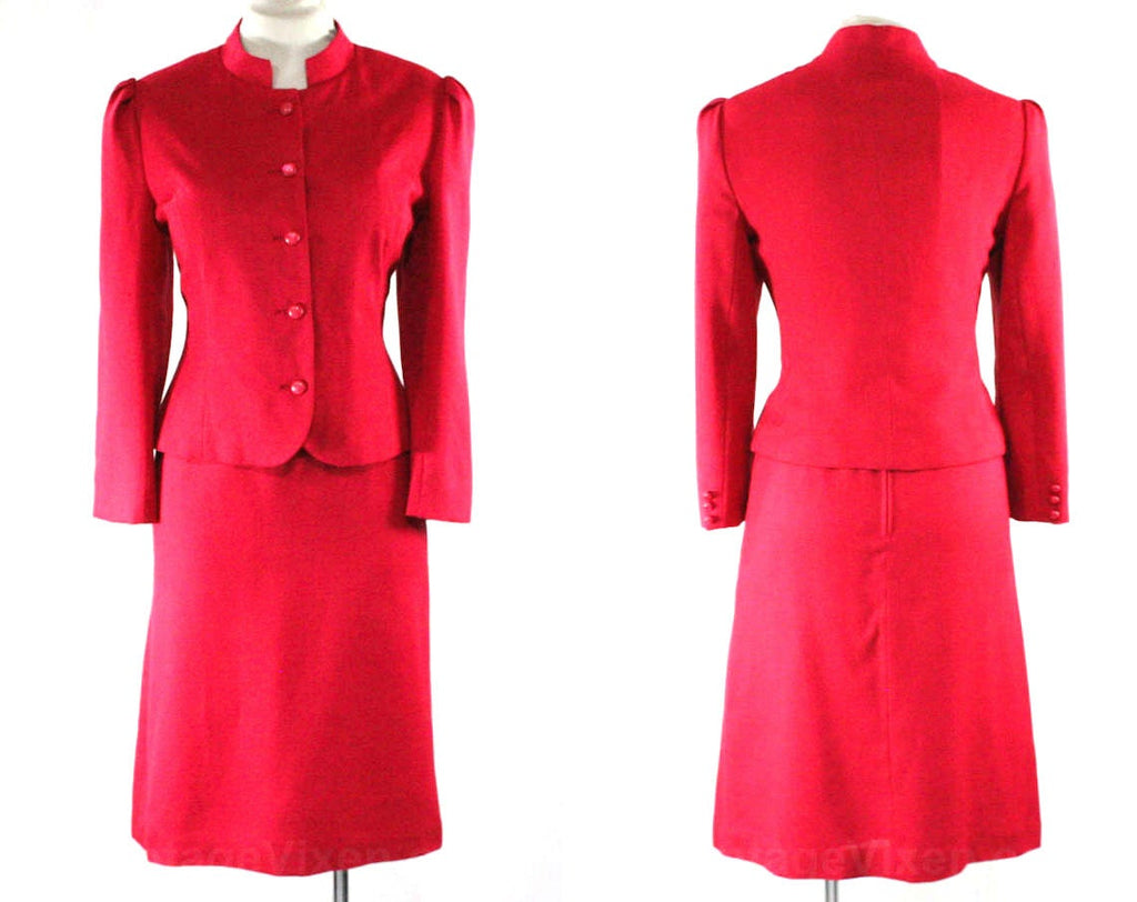 Size 8 Raspberry Pink Suit - Faux Linen Jacket & Skirt - 1980s Tailoring with Standing Collar - Preppy Chic 80s Office Wear - Waist 27.5