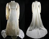 Size 8 Wedding Dress - Elegant Lace Satin Bridal Gown with Pearl Collar - Detachable Train - 60s Deadstock - Bust 34.5 - Waist 29 - 34163-1
