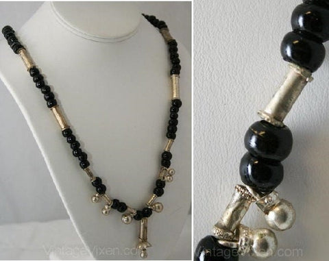 Authentic 1960s Gypsy Necklace in Black Glass & Jingle Bells - Made In India by Nomads - Hippie Emporium Deadstock - 60s Y Shape - 32956-1