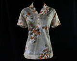 Size 12 Asian Leaves 1970s Top - Short Sleeved 70s Shirt - Beige Orange & Brown Artsy Japanese - Summer Casual Eastern Print - Bust 38.5