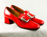 Size 6 Red 60s Loafers - Never Worn 1960s Mod Shoes - 60s Wet Look Vinyl Pumps - Double Silvertone Buckle - NOS in Box - 6AA Narrow