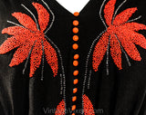 Size 6 Black 1930s Evening Dress with Gorgeous Red Beading - Art Deco Tropical Leaves Beadwork - Late 1920s Early 30s Flapper Party Gown