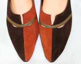 Size 7.5 1960s Brown Shoes - Unworn Two-Tone Sueded Leather Flats - Early 60s Burnt Orange & Chocolate Brown - 7 1/2 Narrow - 60s Deadstock