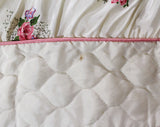 Full Size 1950s Bedspread - Pink & White Roses Quilted 50s Bedroom Linens - Glossy Cottage Floral 50s Double Bed Cover - 105.5 x 93 Inches