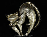 Traipsing Cat Brooch - 1960s Novelty Animal Pin - Gold Color Metal & Clear Rhinestones - 60s Feline Pin - Arching Back Surprised Cat - 50551