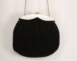 1950s Black Shoulder Bag - Round 50s Wool Handbag with Chainlink Strap - Pearlescent White Lucite Trim - Detachable Chain Strap - 48970