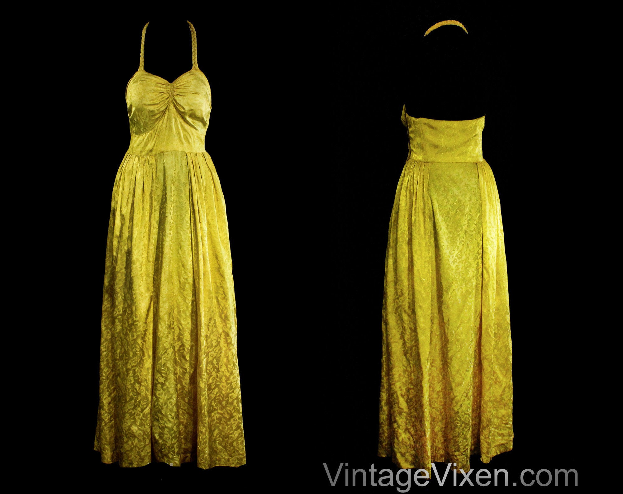 Size 8 1930s Evening Dress - Citron Yellow Rayon Satin Floral Brocade Vintage Vixen Clothing Size 8 1930s Evening Dress - Citron Yellow Rayon Satin Floral Brocade Vintage Vixen Clothing