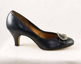 Size 5 Navy Shoes - Chic 1950s Dark Blue Heels with Mid Century Metal Buckles - 5B Deadstock - Spring - Pom Poms by Foot Flairs