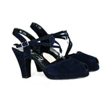 Size 5 1/2 1940s Platform Shoes - Chic Navy Blue Suede Pumps - Beautiful Asymmetric Dovetailed Straps - 40s Pin Up Goddess - NOS Deadstock