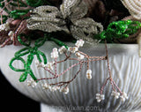 1950s French Beaded Flowers in White Milk Glass Bowl - Hand Beadwork Floral Arrangement - Spring Lavender Lilac Light Purple Green & White
