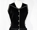 Size 8 50s Summer House Dress - 1950s Black Cotton Button-Front - Girl Next Door Tailoring with White Piping - Waist 26 - NWT Deadstock