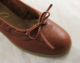 Size 6 Tan Leather Shoes - Preppie 1980s Pumps - Preppy 80s Brown Leather Shoe - Lace Up & Bow - Wedge Rubber Heels - Deadstock - 47660-1
