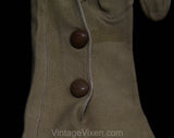 1930s Leather Gloves - Taupe Light Brown Suede 30s Pair of Gloves with Classic Stitched Points - Early Plastic Snaps At Wrist - 50306