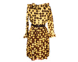Size 10 1960s Ruffled Dress - Coffee Brown Crinkle Crepe Fit & Flare 60s Frock with Belt - Go-Go Style Ruffle Collar and Cuffs - Waist 29