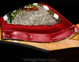 Size 6 Carved Wood 1940s Platform Shoes - Tiki Hut Wooden Heels - World War II Asian Souvenir - Red Beadwork - 40s Pin Up Lounge Sandal