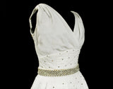 XXS 1950s Sun Dress - Rare White Quilted Summer Top & Full 50s Circle Skirt - Size 0 Rockabilly Pin Up Girl - Rhinestone Studded - Waist 23