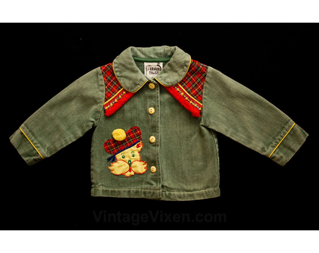Baby Girls Jacket - Adorable Toddler's Scotty Dog Red Tartan Plaid Denim Jean Jacket - Size 12 to 18 Months - Children's 70s Fall Outerwear
