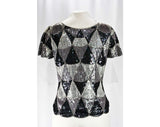 Size 4 Beaded Cocktail Top - Silver Grey & Black Sequins - 1980s Deco Disco Short Sleeve Gray Blouse - 1920s Flapper Style Party - Bust 34