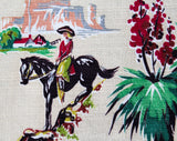 50s Western Novelty Print Barkcloth - 1/2 Yard x 33.5 Inches Wide - Authentic Rare 1950s Cowboy Cotton - Horses Cactus Rodeo Cows Camping