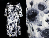 Size 12 Italian Silk 1950s Dress - Black Gray & White Floral Silk by Luisa Spagnoli - Painted Style Flowers - Swag Drape Wrap Bodice - NOS