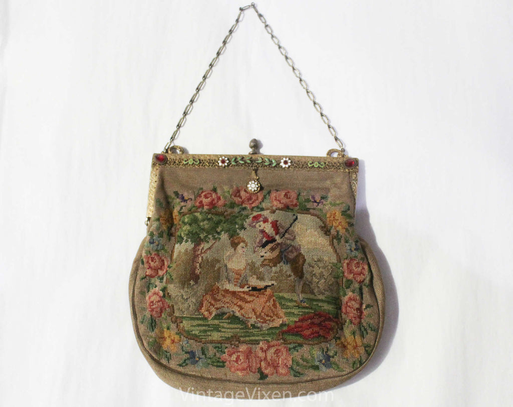 Victorian Inspired 1930s Purse - 18th Century Courting Scene Micro Needlepoint Bag - Antique Look Novelty Scene 30s 40s Handbag Chain Strap