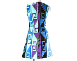 Size 6 Mod Tunic & 60s Mini Skirt - Made in Capri Italy - Blue Purple Black Cotton - Primitive Greek Key Stripes - 1960s Resort Summer Chic