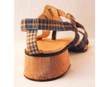 Size 7 Madras Plaid Sandals - 1950s Blue Summer Shoe - 50s Preppie Beach Resort Casual - Preppy - Wooden Heel - As Is Deadstock - 36881-1