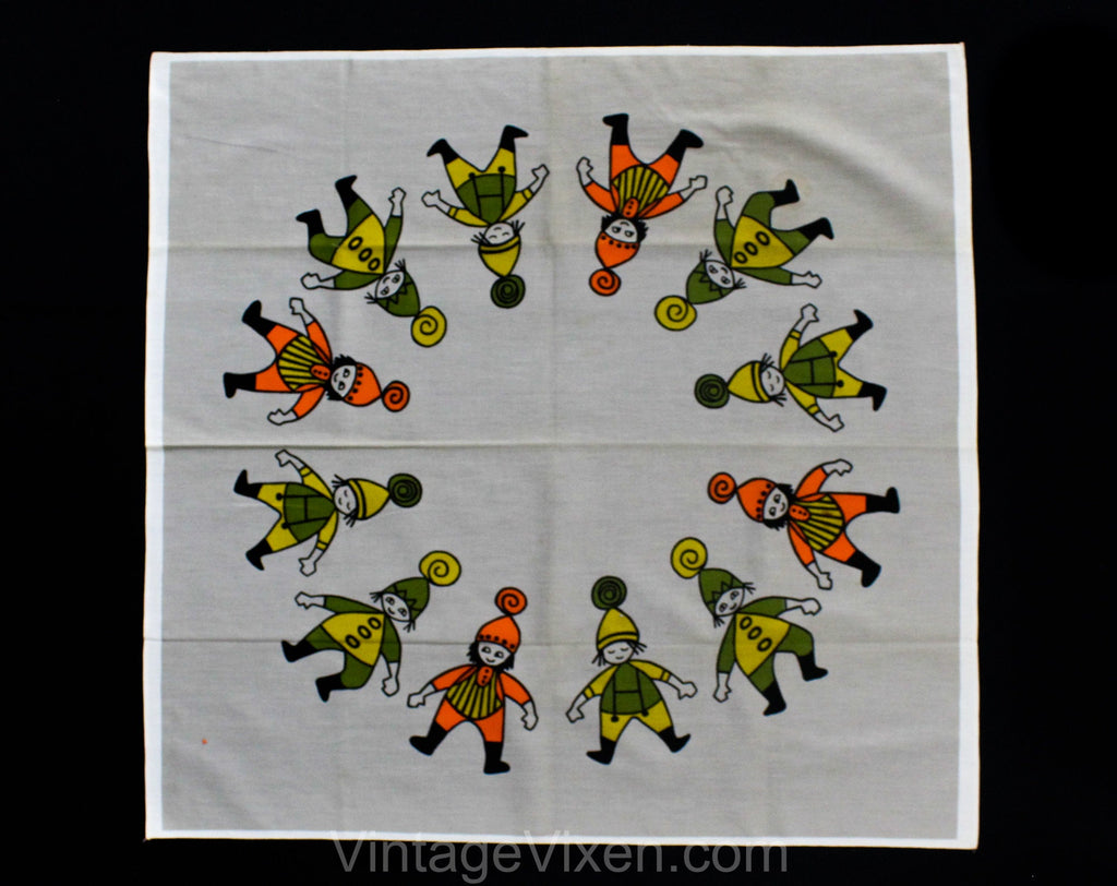 Folk People Tablecloth - 35 Inches Square - 1950s 60s Scandinavian Style Elves Novelty Print - Green Gray Orange - Spring Cotton Table Cloth