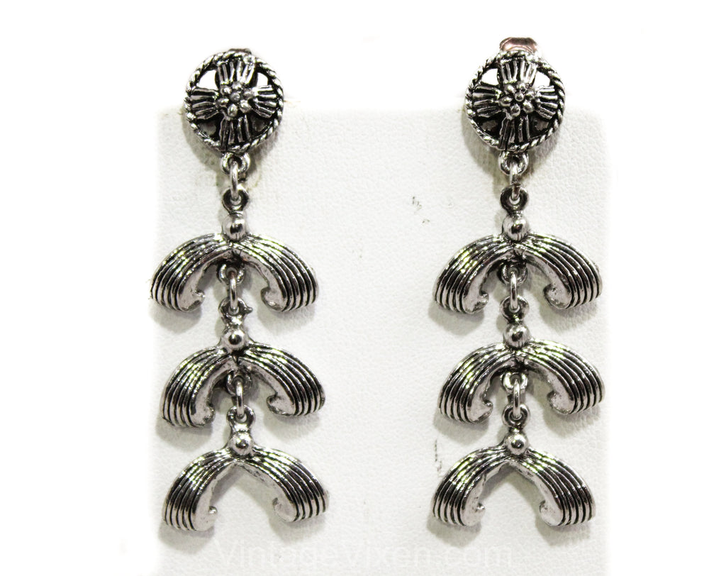 Hollycraft Bohemian Earrings - 50s 60s Mid Century Boho Dangling Earring - Silver Hue Metal Starburst - 1960s Chandelier Style Crescents