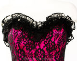 Size 2 Strapless Cocktail Dress - Gunne Sax Magenta Pink Satin & Black Lace Saloon Girl Style Gown - XS Boned Bodice Full Skirt - Bust 31.5