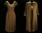 Size 6 Bombshell Dress & Coat - Small 1950s Linen Look Rayon Ensemble - 50s Lucy Style Mocha Brown with Studs and Soutache - Waist 26
