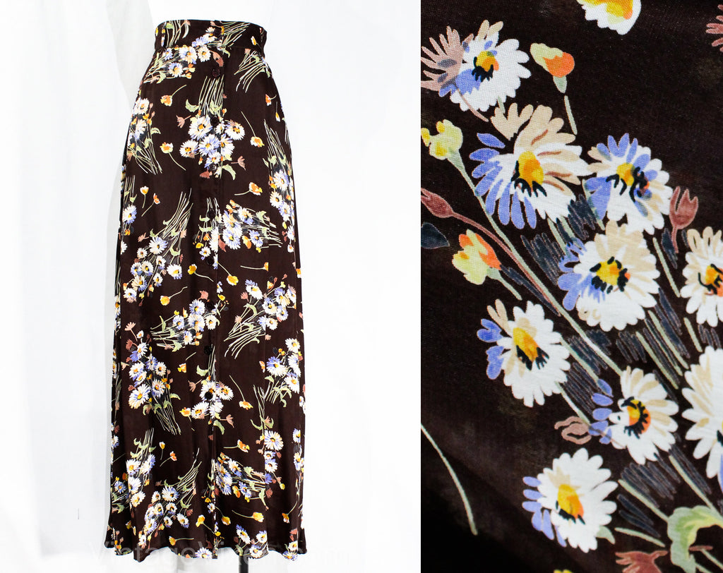 Size 6 Daisy Rayon Skirt - 1940s Inspired 1990s Brown & Blue Long Button Front A-Line - 90s Retro Wildflower Floral Design - Waist 24 to 26
