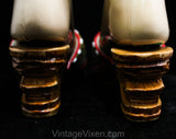 Size 6 Carved Wood 1940s Platform Shoes - Tiki Hut Wooden Heels - World War II Asian Souvenir - Red Beadwork - 40s Pin Up Lounge Sandal
