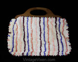 1940s Sewing Handbag - 40s World War II Era Chenille Cotton Purse - Make Do & Mend - Antique Carpet Bag Look - Pink Burgundy Purple Stripes