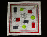1950s Vanity Silk Scarf - Lipstick & Perfume Novelty Print - 50s Vintage Vixen Bachelorette Style - Gray Red Lime Green - Faux French Label