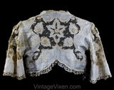 Size Small Victorian Jacket - 1890s 1900s Edwardian Summer Bolero - Cutwork Ecru Linen & Crochet Flowers with Jagged Hem - Bust 34