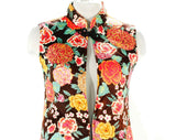 Size 000 Bohemian Vest - 1960s 70s Quilted Floral Sleeveless Tunic Top - Asian Mandarin Collar - Brown Fuchsia Pink Orange - Bust 30 - XXS