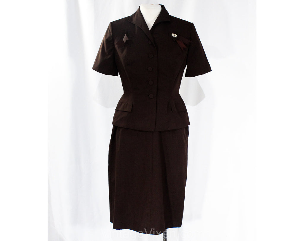 Size 6 1940s Suit - Dark Brown 40s 50s Tailored Short Sleeve Jacket & Skirt Set - Jeweled Rhinestone Accent - WWII Era Appeal - Waist 25.5