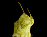 Size 8 1930s Evening Dress - Citron Yellow Rayon Satin Floral Brocade Formal Gown - Authentic 30s Party Frock - Braided Halter - Waist 27