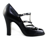 Size 6 1940s Shoes with Cage Design - Navy Blue Leather Peep Toe Pumps - Sexy 40s High Heels - NOS Deadstock Strappy Shoe - 6N Narrow