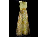 Size 6 Garden Party Dress - 60s Yellow Floral Empire Gown with Hippie Era Flower Print - Sleeveless Ruffle Neckline & Raised Waist - Bust 34