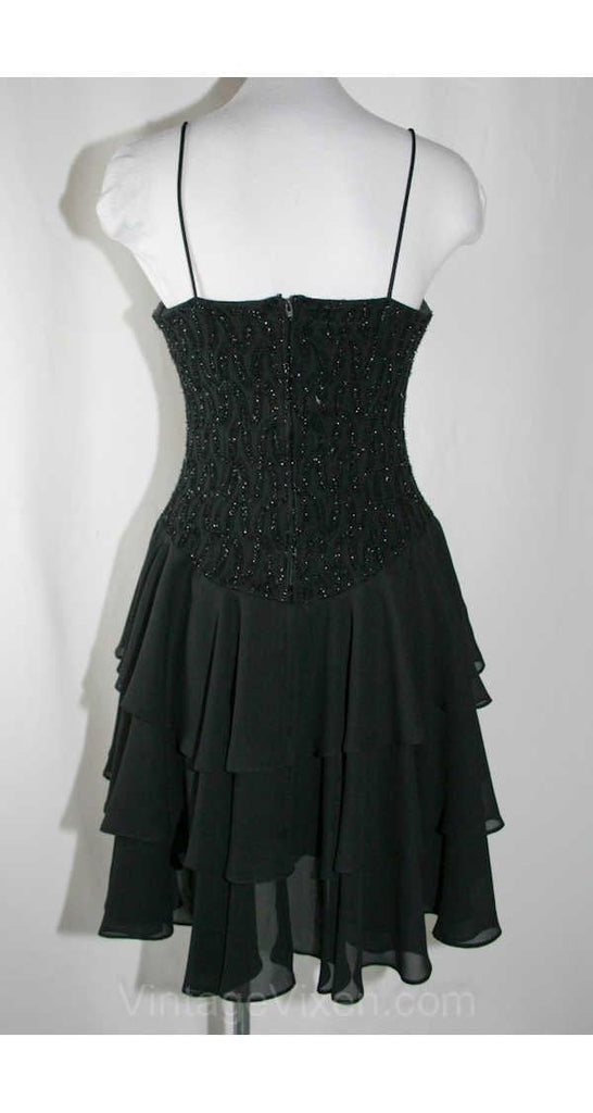 Size 6 Black Dress - 80s Party Girl Cocktail with Tiered Skirt - Flirt Vintage Vixen Clothing Size 6 Black Dress - 80s Party Girl Cocktail with Tiered Skirt - Flirt Vintage Vixen Clothing