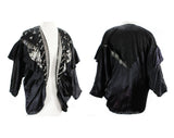Size 16 Party Girl Outfit - 1990s Black Satin 3 Piece Set - Tank Top & Jacket with Skirt - Artsy Avant Garde Asymmetric Velvet Rhinestones